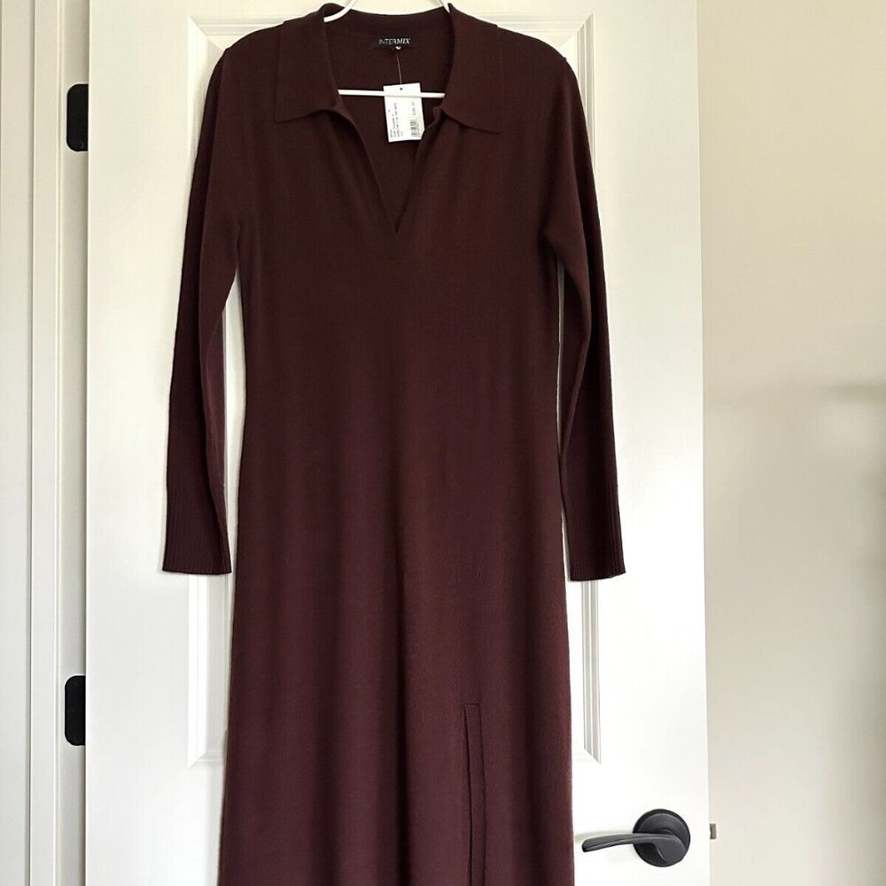 NWT INTERMIX Brown Collared Wool Blend Long Sleeve Knit Maxi Dress Size M